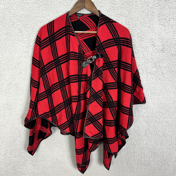 Talbots Poncho Sweater Womens M/L Red Plaid Faux Leather Buckle Trim Preppy Glam - Picture 1 of 6